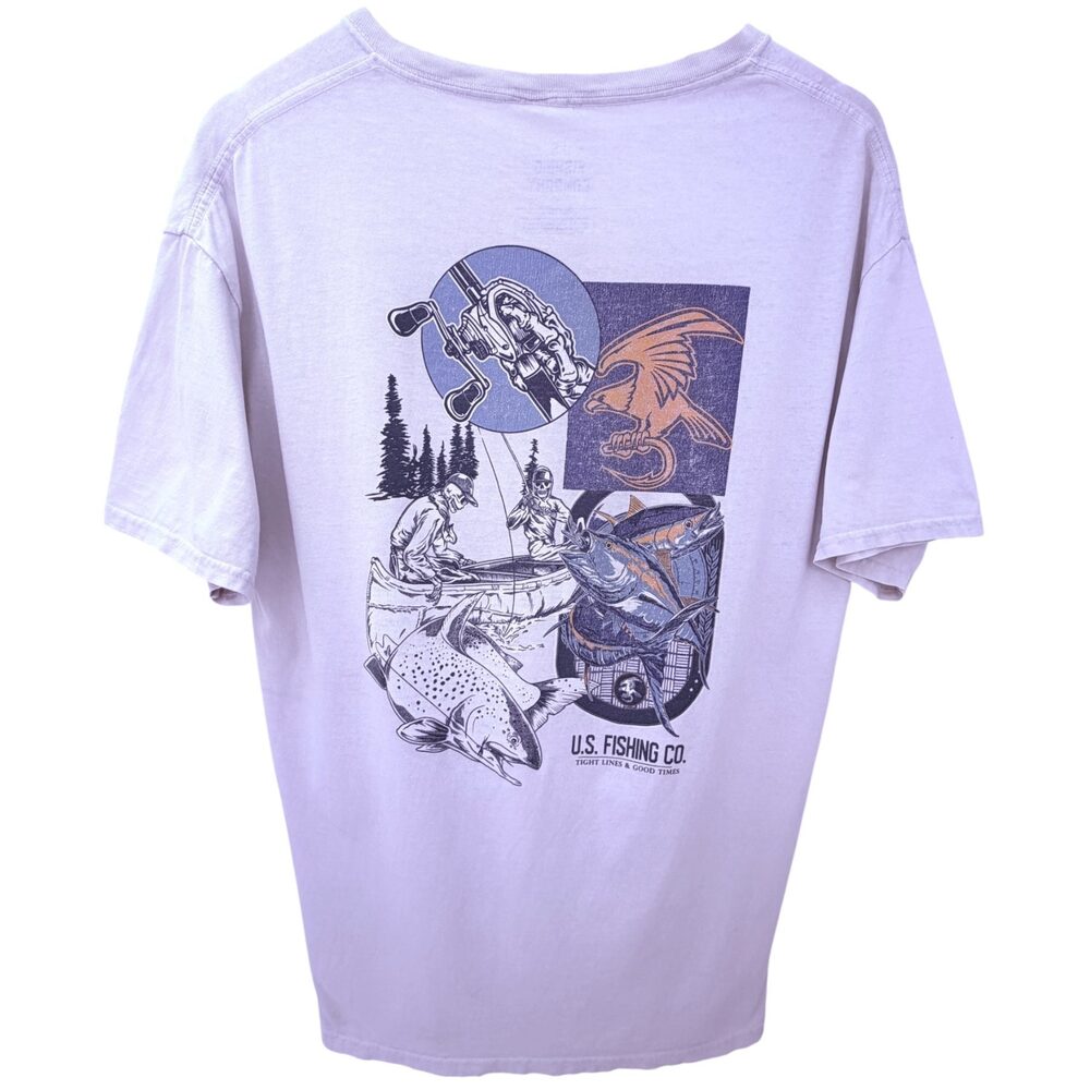 U.S. Company T-Shirt Men's L White Navy 2 Skeletons Fishing Trout